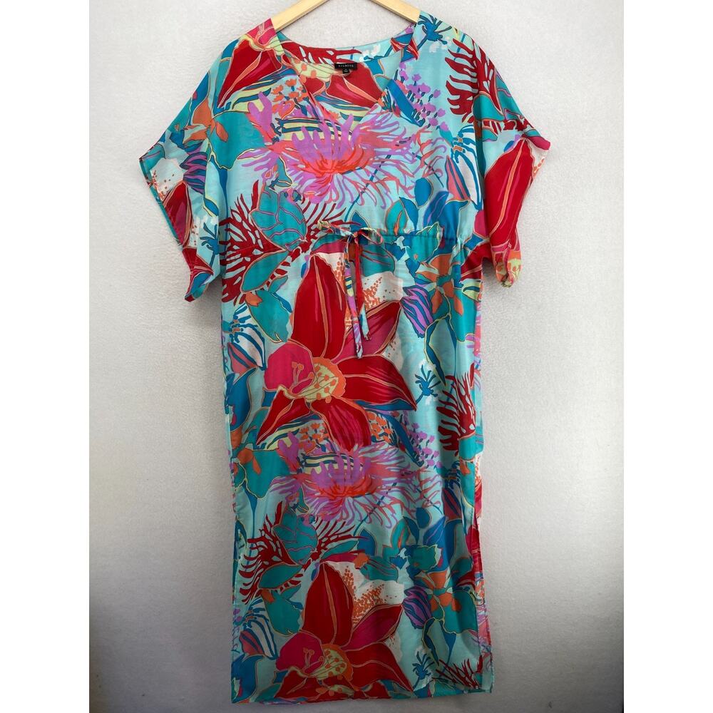 TALBOTS Dress S Tropical Floral Kaftan Maxi Cover Up Swim Cinched Waist Blue Red